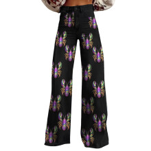Mardi Gras-bukser til kvinder, baggy højtaljede jeans med vide ben, trendy grafisk print, ferie-imitationsdenimbukser