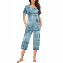2 phíosa Tacair Pijamas Capri le Muinchille Gearra, Barr Pleatáilte, Pants Capri, Éadaí Codlata do Mhná, S-3XL