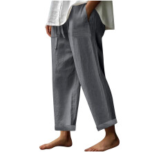Lulshou Damen-Hose aus Baumwoll-Leinen-Mischgewebe mit geradem Bein, elastischem Bund und Kordelzug, Dunkelgrau L, passend zu Frühlings- und