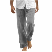 Leinenhose für Herren, lässige, lockere Sommer-Strandhose mit elastischem Bund und Kordelzug, mit Taschen, Größe XXXL