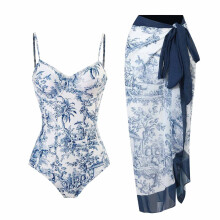 Dames eendelig badpak met bandjes, bikini met vetersluiting, lange rok, chiffon print, tweedelig badpak.