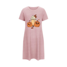 Női 2025 Halloween tökmintás plus size pizsama ruha kerek nyakú rövid ujjú kényelmes hálóing 3XL-5XL rózsaszín