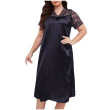 Langes Damen-Nachthemd in Übergröße aus Satin mit V-Ausschnitt und Spitzenbesatz, 100 % Polyester, bequemer Schlafanzug, Größen XL-5XL,