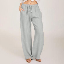 UTTOASFAY Damenhose, lässige, einfarbige Hose aus Baumwoll-Leinen-Mischgewebe mit Kordelzug und elastischem Bund, lange Hose mit weitem Bein, Grau,