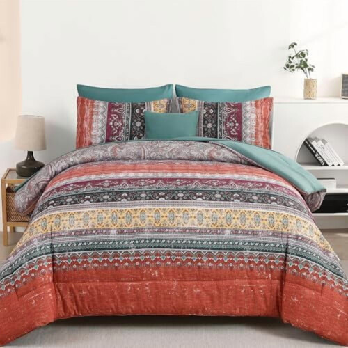Boho Queen Comforter Set Orange Green 8-Piece Microfiber