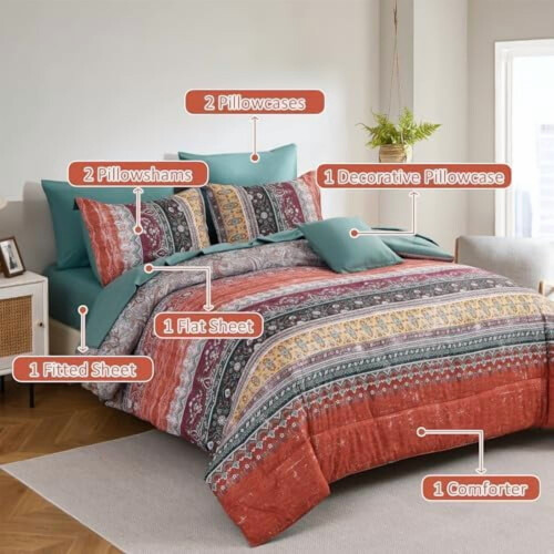 Boho Queen Comforter Set Orange Green 8-Piece Microfiber 1