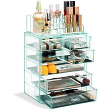 Ensemble de rangement de maquillage en acrylique à 7 tiroirs – Bleu sarcelle, petits et grands compartiments, compatible avec les pinceaux et les