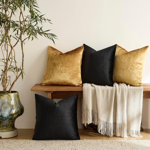 Set di 4 federe in velluto oro e nero, 45x45 cm 2