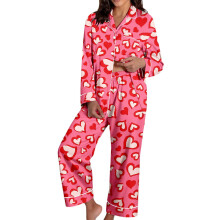 Conjunto de pijama acogedor para mujer para San Valentín: suave, de 2 piezas, con estampado de lazo de amor, top de manga larga y pantalón