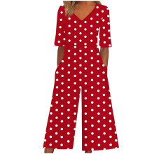 Mono de mujer con estampado de lunares, cuello en V, cremallera trasera, bolsillos laterales, tejido elástico, mono de verano, comodidad similar al