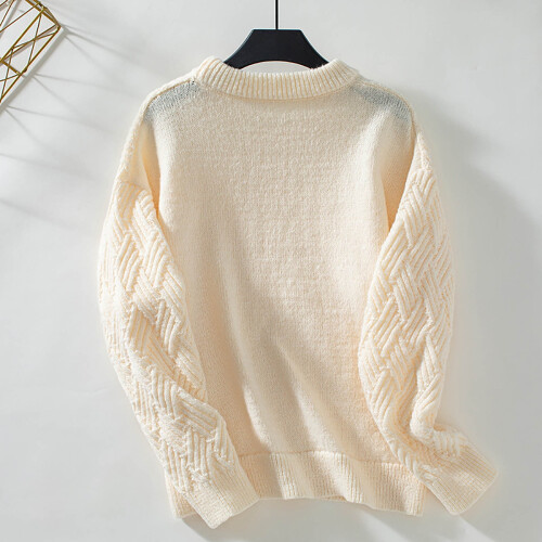 Women's Beige Ribbed-Cuff Round-Neck Sweater M 2