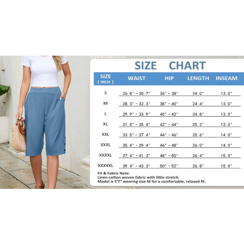 Γυναικείο φαρδύ σορτς βερμούδας από βαμβάκι και λινό, κάπρι με ψηλή μέση μέχρι το 2