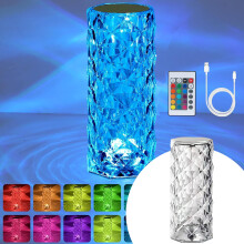 16-kolorowa, 4-trybowa lampa stołowa RGB Crystal – dotykowa/pilotowa, akumulatorowa, bezprzewodowa, ściemnialna, różowe diamentowe światło