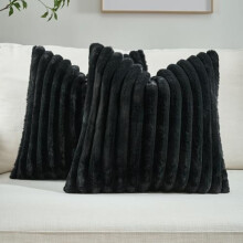 Set di 2 federe nere da 45x45 cm, con parte anteriore in finta pelliccia di coniglio a righe e retro in velluto, moderne federe decorative per il