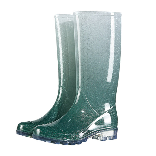 Botas de chuva impermeáveis femininas verdes, cano longo e largo.