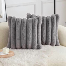 Fodere per cuscini decorativi a righe in pelliccia sintetica grigia e velluto, 26x26", set da 2