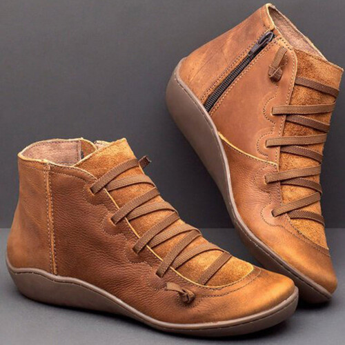 Γυναικεία Παπούτσια UTTOASFAY, Γυναικεία Casual Flat Δερμάτινα Ρετρό Μπότες με Δαντέλα,