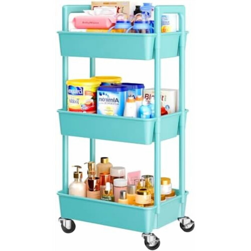 Rolling Cart Organizer Plastic 3-Tier Turquoise
