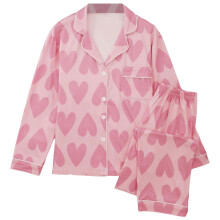 Gezellige Valentijnsdag pyjamaset voor dames – Liefdesprint, top met lange mouwen en broek met knoopjes, comfortabele tweedelige loungewear,