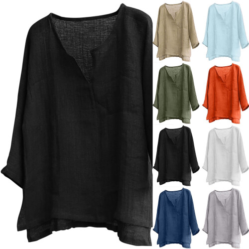 Plus Size Herrlinnetoppar Långärmade V-ringade Bekväma Lösa Blustoppar 2