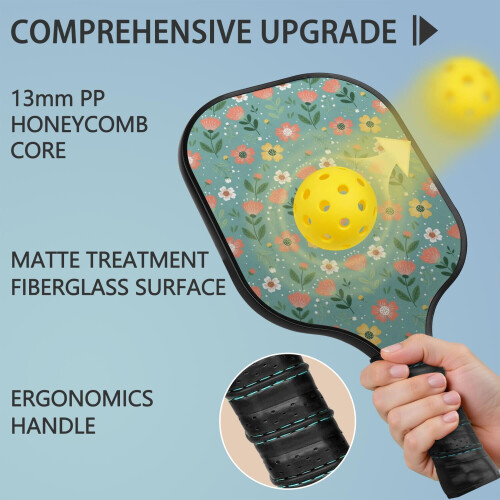 Σετ κουπιών Pickleball από fiberglass με λουλούδια και 2 μπάλες και τσάντα – Συμβατό με 1
