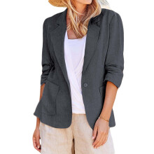 Blazer d'hiver en lin gris, longueur coude, pour femme, mélange de lin, veste de travail décontractée et légère avec poches, compatible avec