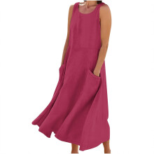 Robe d'été pour femme, unie, sans manches, ample, fluide, longue, avec poches