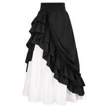 Saia maxi vitoriana de cintura alta com babados na barra, patchwork assimétrico, elegante saia gótica de dança de salão em formato A.