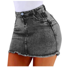 Saia curta feminina de verão em jeans com bolsos, lavagem especial, sem mangas, cinza.