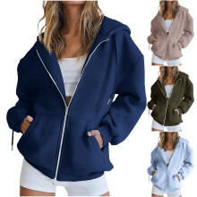 Sweat à capuche zippé pour femme, pull-over, haut d'hiver à manches longues, sweat-shirt chaud à capuche uni, haut à manches longues