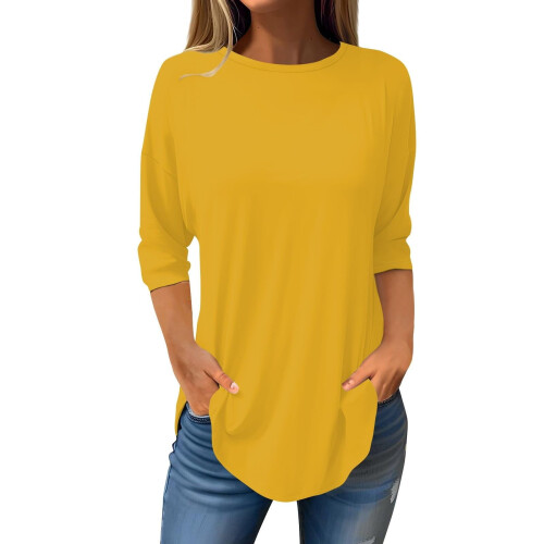 Κίτρινα μπλουζάκια Plus Size για γυναίκες, μονόχρωμα μπλουζάκια από πολυεστέρα με 1