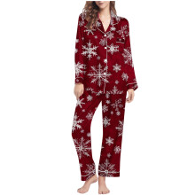 Damepysjamassett med juletrykk, langermet, krage, topper og bukser, 4-veis stretch, jule-loungeantrekk, S-2XL
