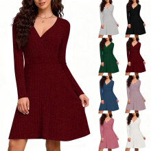 Damen-Winterkleider, Midikleider für Damen, einfarbig, V-Ausschnitt, gebürstetes Rippstrick-Obermaterial, A-Linie, lange Ärmel, lässig