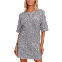 Rochie de seară lejeră cu mânecă scurtă, gri, cu paiete, pentru femei