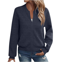 Chaqueta de mujer de color liso, manga larga, con cremallera, bolsillos, sin capucha, estilo casual y ligera.