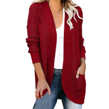 Damen-Strickjacke, Cardigan, Strickjacken-Pullover, einfarbig, mit geschwungener Knopfleiste und großer Tasche, rot