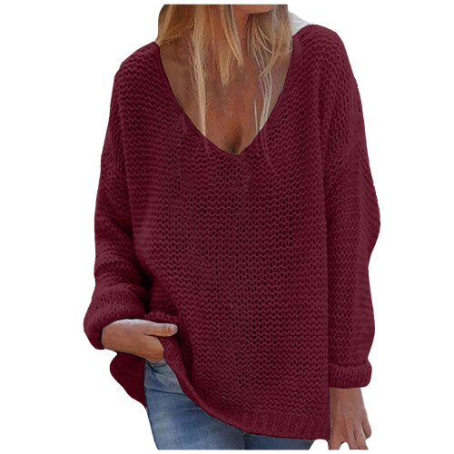Winterstrickpullover für Damen 2025, einfarbig, lockerer V-Ausschnitt-Pullover, einreihiger Pullover, Strickjacke, Mantel, burgunderrot