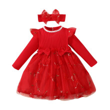 Vestido de tul bordado de manga larga con volantes para bebé niña, de punto acanalado con lazo, estilo princesa, ideal para primavera, otoño y