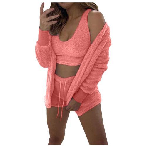 QLEICOM Γυναικεία Σέξι Fuzzy3Piece Ρούχα Ζεστό Φλις Ζακέτα με Κουκούλα Crop Top Σετ Σορτς 2