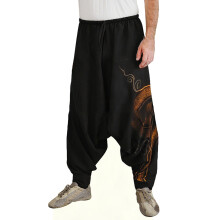 Harem Pants for Men Ethnic Style Low Crotch Cotton Linen Wide Leg Loose Fit Pants Low Casual Pants,Black