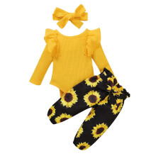 Conjunto de 3 peças para bebê menina: body infantil de manga comprida com babados e estampa de girassol.