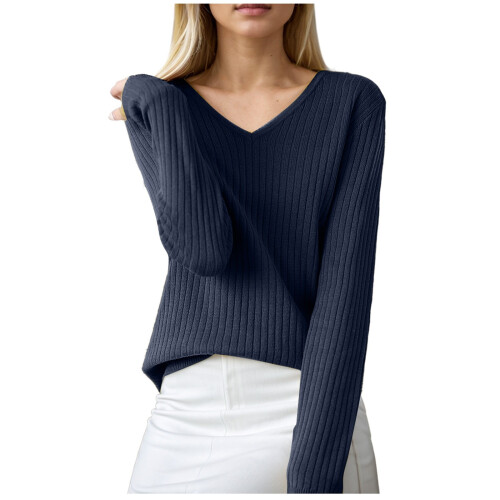 Damenpullover mit V-Ausschnitt, Strickpullover, Langarm-Tunika, weich, klassisch, lässig