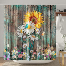 Rustieke douchegordijnen in boerderijstijl met zonnebloemen, herfstbloemen op een landelijke schuur, houten stoffen badkamergordijnen met sets.