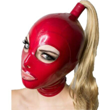 Black Latex Hood XL Rubber Mask with Golden Wig Hair, Glossy Finish and Back Zipper for Cosplay
