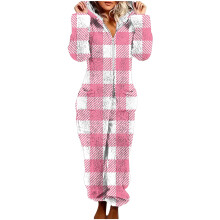 Dames fleece onesie met capuchon en voetjes, geruit, winterpyjama uit één stuk, warme nachtkleding met zakken, maat S-2XL, roze