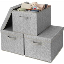 Förvaringslådor i tyg med lock och handtag, extra stora hyllor för linne/kläder, dekorativa grå behållare, 3-pack