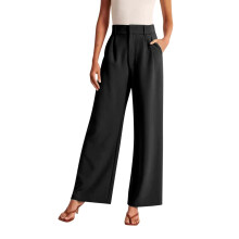 Weit geschnittene Damenhose für Business und Freizeit, hochtaillierte Hose, fließende Hose, Bürohose, Schwarz, XXL