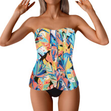 Tankini badpakken voor dames, strapless, gewatteerd, push-up, trendy, bloemenprint, afslankende bikini, bandeau, tweedelig badpak