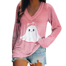 Damen-Sweatshirt in Übergröße mit süßem Halloween-Print, V-Ausschnitt und langen Ärmeln – weich, dehnbar, lässig, Größen S-2XL