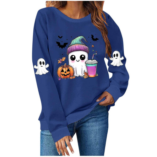 Halloweentröja höst långärmad rolig spöke rund halsringning läskig raglanpullover med grafisk design